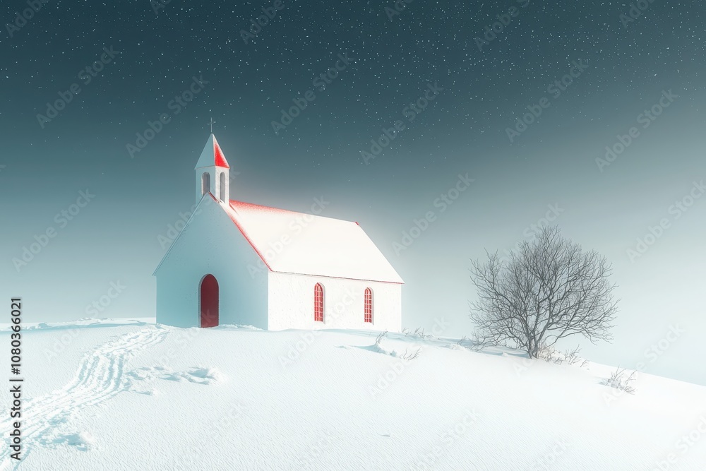 Explore the beauty of an icelandic church nestled in a snowy landscape under a starry sky Explore the beauty of an icelandic church nestled in a snowy landscape under a starry sky
