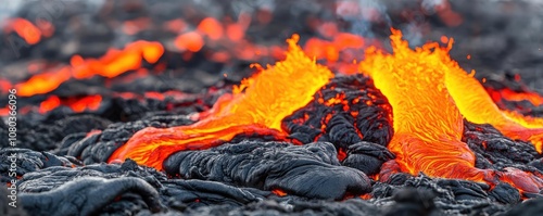 Lava flow, vibrant orange and red colors, black rocky surface, white isolate background photo