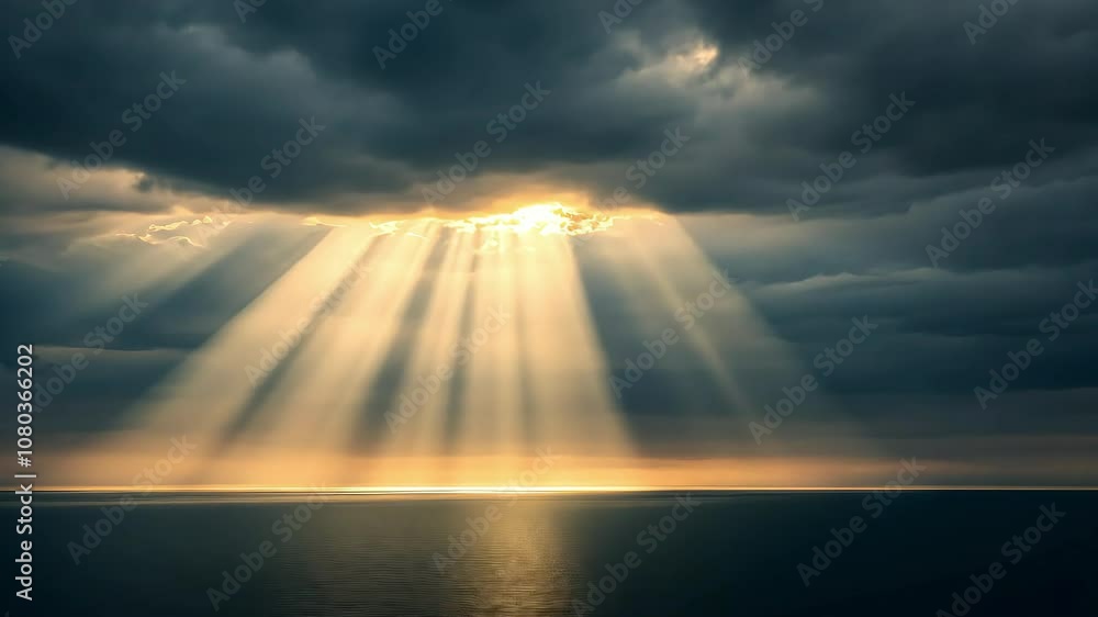A dramatic seascape featuring rays of sunlight piercing through dark clouds, illuminating the ocean's surface and creating a serene, contemplative atmosphere. A dramatic seascape featuring rays of sunlight piercing through dark clouds, illuminating the ocean's surface and creating a serene, contemplative atmosphere.