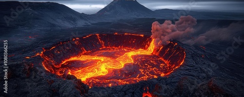 Volcanic landscape showcasing lava flow and stunning geological formations. photo