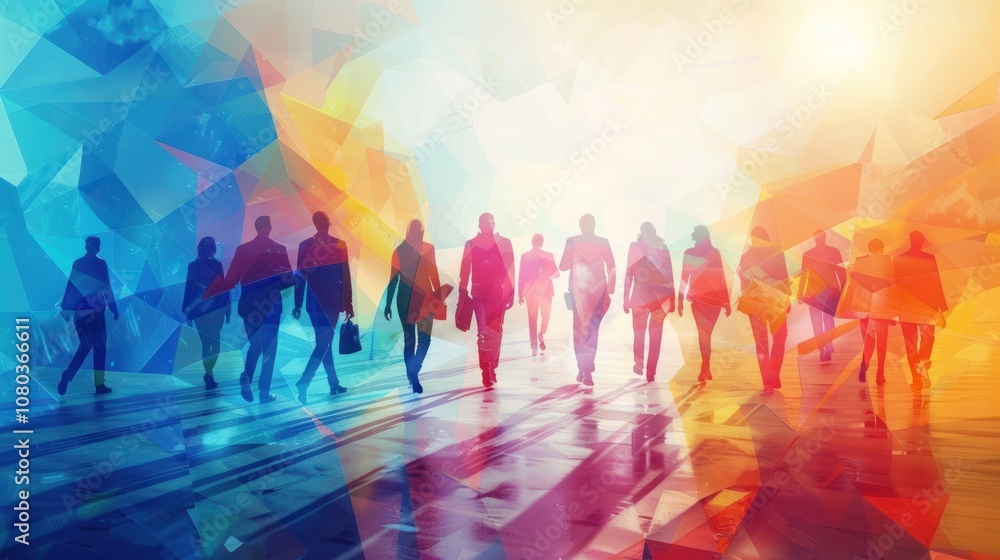A group of business people in silhouette walk towards a bright light, symbolizing hope, progress, and success. A group of business people in silhouette walk towards a bright light, symbolizing hope, progress, and success.