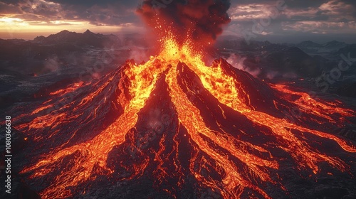 Erupting volcano with flowing lava and smoke against a dramatic sky.