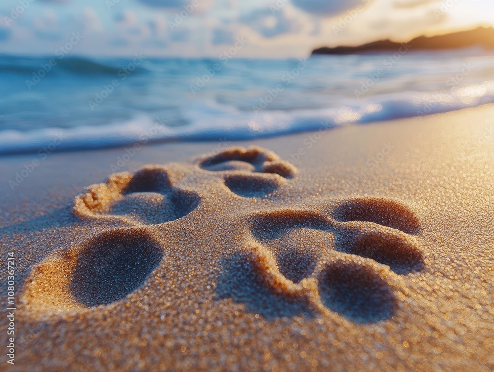 Puppy Paw Prints in Soft Sand, close-up view on a sunny beach, capturing playful moments and the joy of a day by the shore Puppy Paw Prints in Soft Sand, close-up view on a sunny beach, capturing playful moments and the joy of a day by the shore