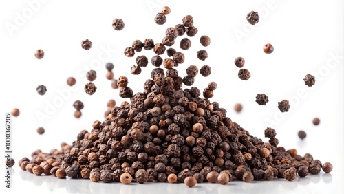 Black peppercorns falling on a white background