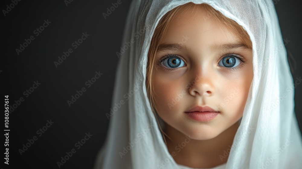 Portrait of a child with blue eyes and a white headscarf. Portrait of a child with blue eyes and a white headscarf.