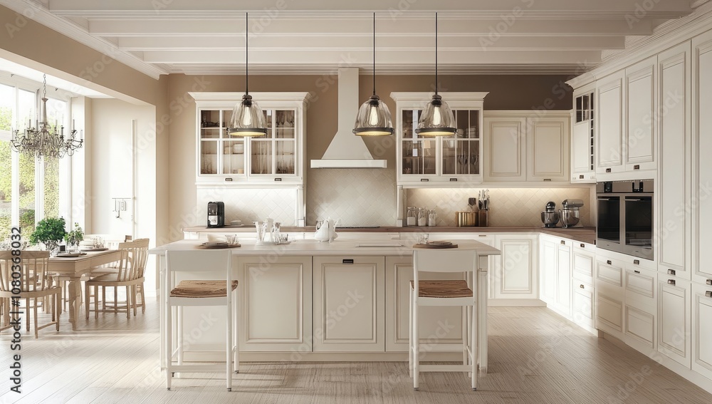 Modern Kitchen with White Cabinets, Island, and Barstools, Well-Lit by Pendant Lights Modern Kitchen with White Cabinets, Island, and Barstools, Well-Lit by Pendant Lights