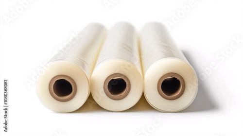 Three Rolls of Transparent Plastic Wrap on White Background photo