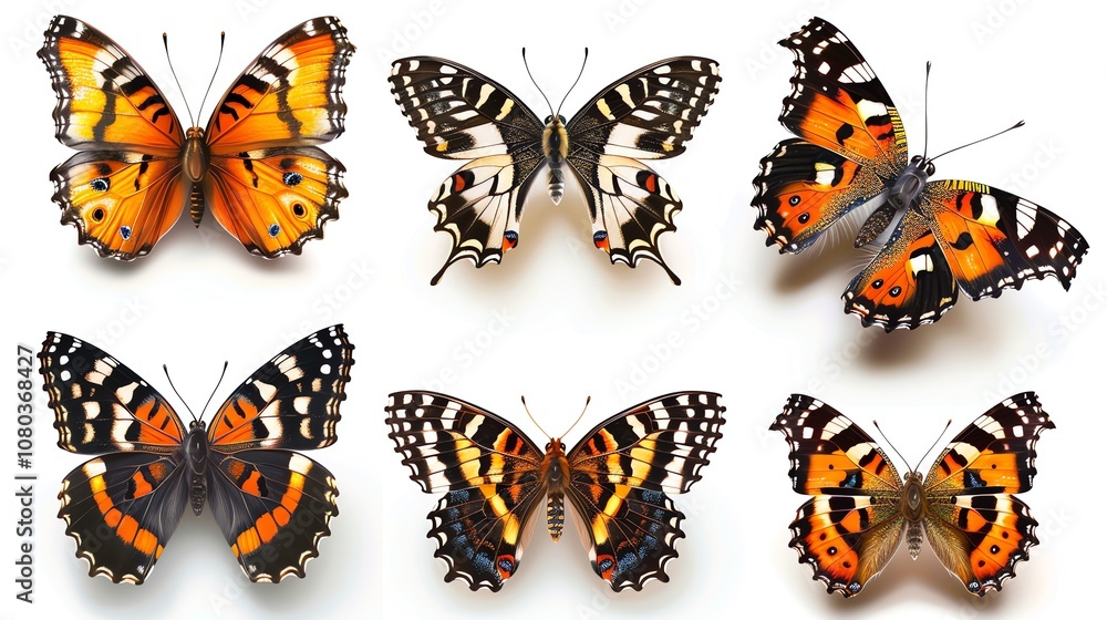 A collection of six colorful butterflies on a white background. A collection of six colorful butterflies on a white background.