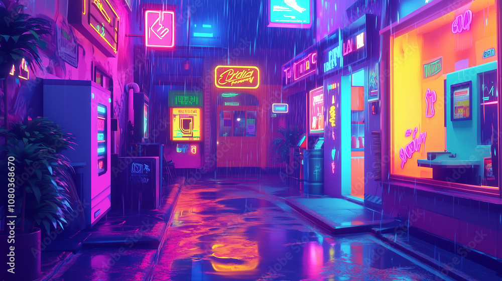 Colorful Rain-Soaked Alley with Neon Signs and Vending Machines Colorful Rain-Soaked Alley with Neon Signs and Vending Machines