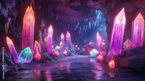 Magical Pink And Blue Crystals In Underground Cave With Flowing Water