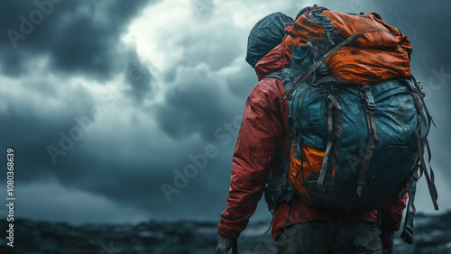 Adventurous Hiker with Orange Backpack Facing Stormy Sky