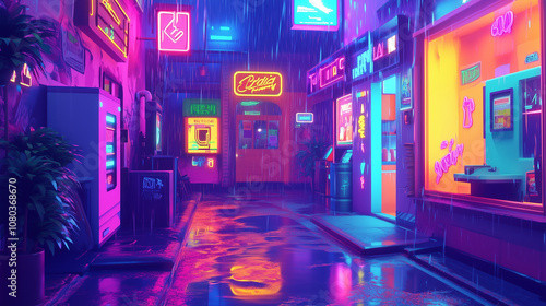 Colorful Rain-Soaked Alley with Neon Signs and Vending Machines photo