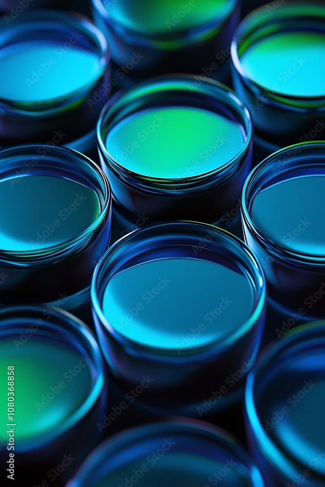 Vibrant Reflection of Circular Glass Containers with Blue and Green Light on a Dark Surface, Creating an Abstract Trendy Background for Creative Projects Vibrant Reflection of Circular Glass Containers with Blue and Green Light on a Dark Surface, Creating an Abstract Trendy Background for Creative Projects