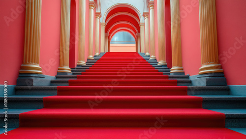 Grand Staircase with Red Carpet in Luxurious Palace Interior