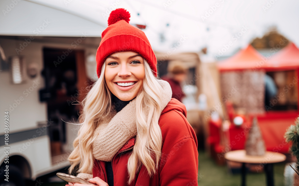 Retrato de mujer en vacaciones de navidad con su caravana en un camping.Mujer en el exterior de su autocaravana con ropa de invierno haciendo un descanso en la ruta. Concepto de viajes y aventuras. Retrato de mujer en vacaciones de navidad con su caravana en un camping.Mujer en el exterior de su autocaravana con ropa de invierno haciendo un descanso en la ruta. Concepto de viajes y aventuras.