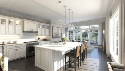 Modern Kitchen with White Cabinets, Island, and Barstools, Well-Lit by Pendant Lights