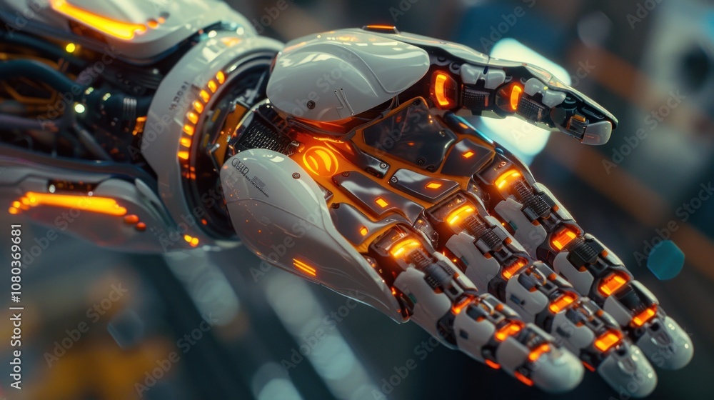 Close-up of a robotic hand with glowing orange lights. Close-up of a robotic hand with glowing orange lights.