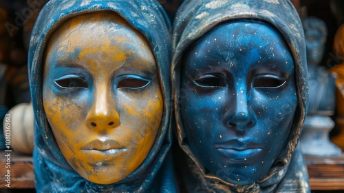 Two Decorative Masks, One Gold and One Blue, with Celestial Designs Resting on a Shelf