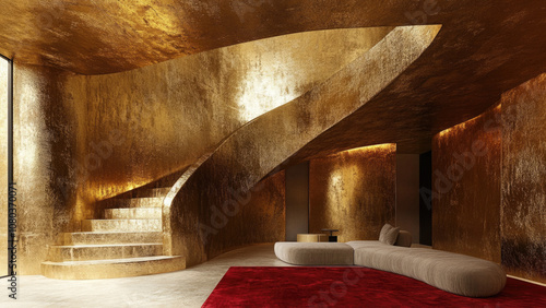 Modern Golden Interior with Curved Staircase and Bold Red Carpet
