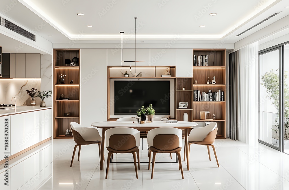 Fototapeta premium 3D Rendering of an Open Plan Dining Room with Warm Wooden Accents and Modern Design