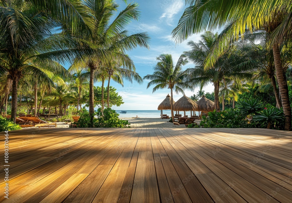 Fototapeta premium Beautiful Beach with Palm Trees and Panoramic View