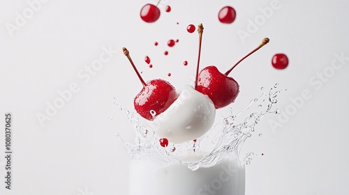 A Splash of Sweetness: Ripe Red Cherries Diving into a Creamy White Milk Bath photo