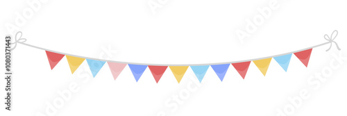 Colorful bunting flags hanging on a string. Simple graphic style. White background. Concept of celebration. Vector illustration
