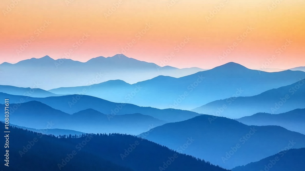 Sunrise Over Blue Mountain Ranges with Misty Landscape Sunrise Over Blue Mountain Ranges with Misty Landscape