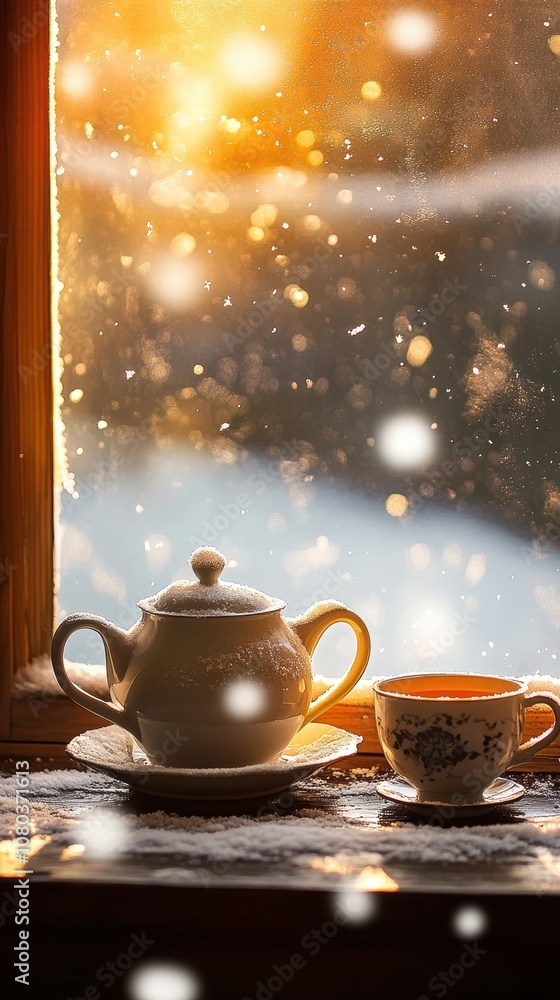 Fototapeta premium Teapot and cup on wooden surface by snowy window