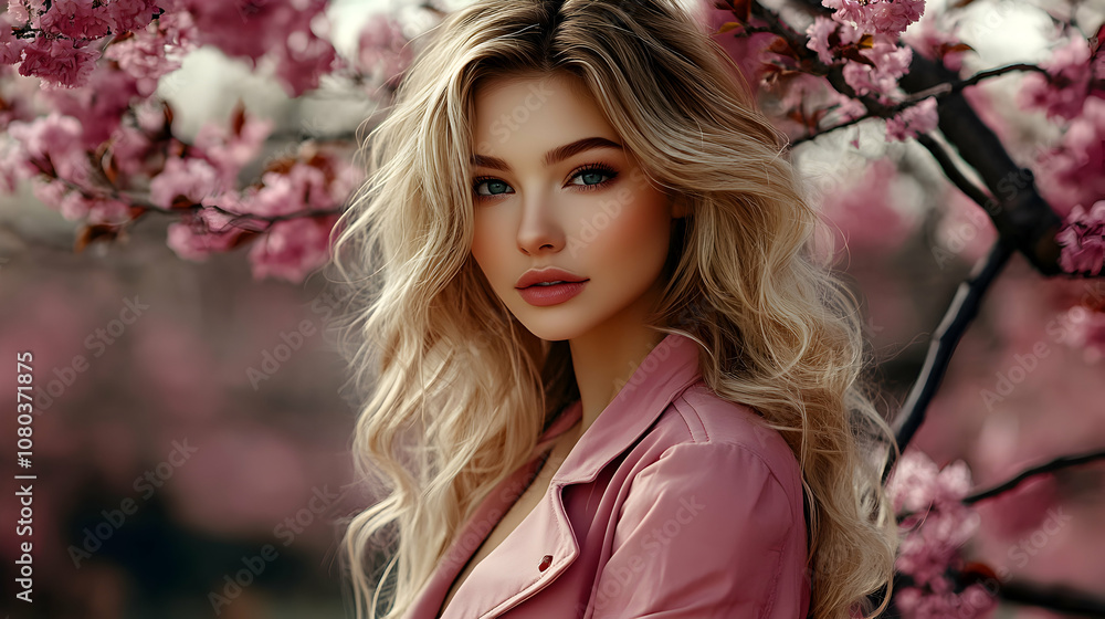Blond Woman Poses in Pink Jacket Amidst Blooming Cherry Blossoms, a Beautiful Spring Fashion Portrait. Blond Woman Poses in Pink Jacket Amidst Blooming Cherry Blossoms, a Beautiful Spring Fashion Portrait.