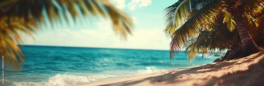 Naklejka premium Sandy Beach with Palm Trees and Blue Sea Water