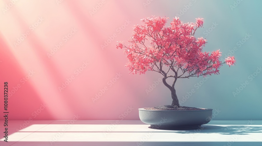 A Serene Bonsai Tree in Bloom with Delicate Pink Flowers Against a Softly Lit Minimalist Background Showcasing Nature's Beauty and Tranquility A Serene Bonsai Tree in Bloom with Delicate Pink Flowers Against a Softly Lit Minimalist Background Showcasing Nature's Beauty and Tranquility