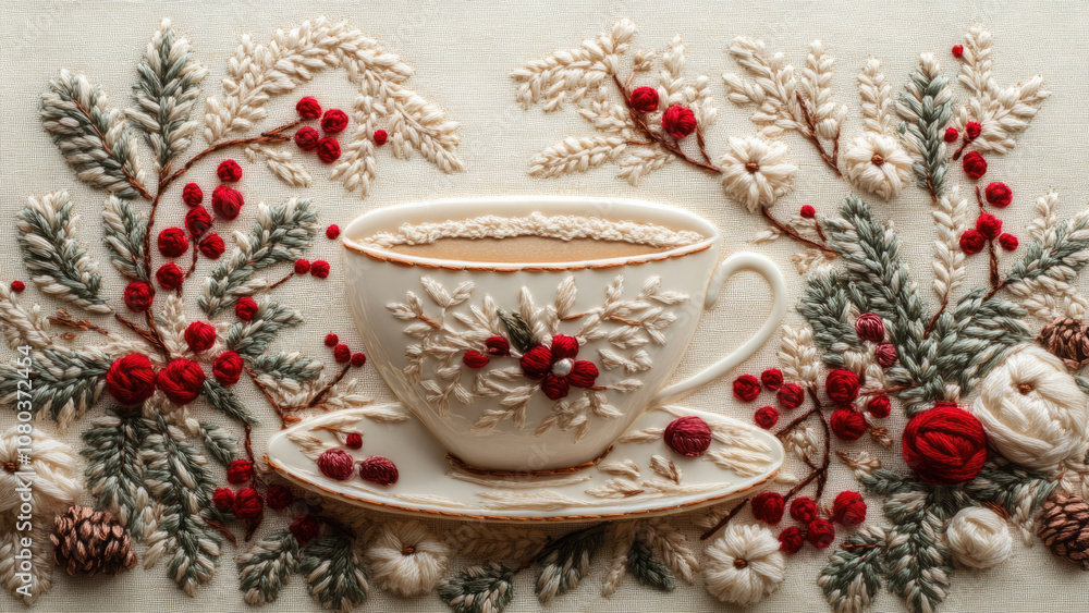 Fototapeta premium Embroidered Tea Cup with Floral and Berry Accents