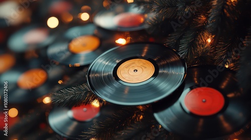 Vinyl records on Christmas tree background. Retro music atmosphere. Copy space
