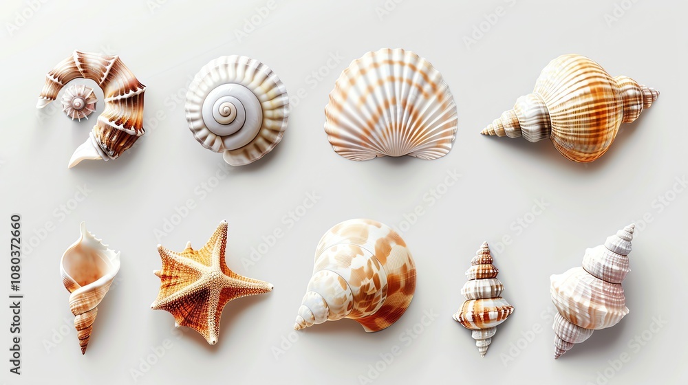 An arrangement of seashells and starfish on a white background. An arrangement of seashells and starfish on a white background.