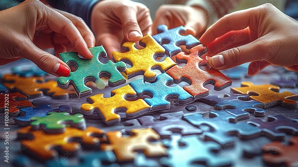 Close-up of hands placing puzzle pieces together. Close-up of hands placing puzzle pieces together.