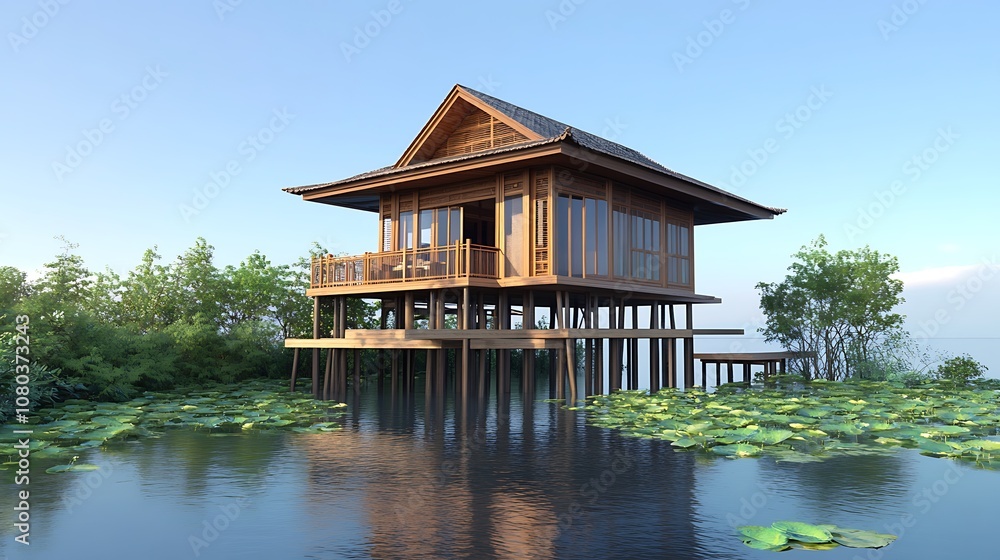 A modern wooden house on stilts surrounded by water and lily pads, showcasing sustainable architecture. A modern wooden house on stilts surrounded by water and lily pads, showcasing sustainable architecture.