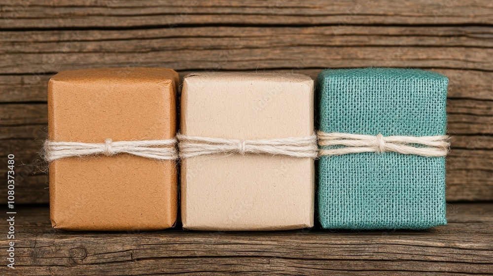 Rustic Wrapped Gift Boxes in Natural Textures and Colors Against a Weathered Wooden Background for Holiday or Birthday Celebrations Rustic Wrapped Gift Boxes in Natural Textures and Colors Against a Weathered Wooden Background for Holiday or Birthday Celebrations