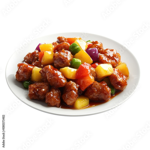 Sweet and Sour Pork with Pineapple and Colorful Vegetables - A Flavorful Asian Cuisine Dish PNG Icon on transparent background