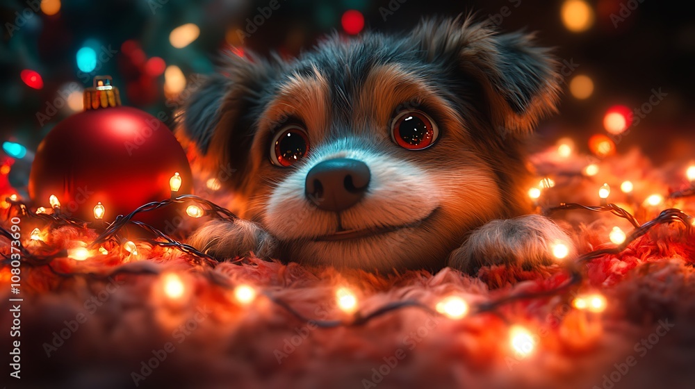 dog resting on the ground surrounded by lights and ornaments. dog resting on the ground surrounded by lights and ornaments.