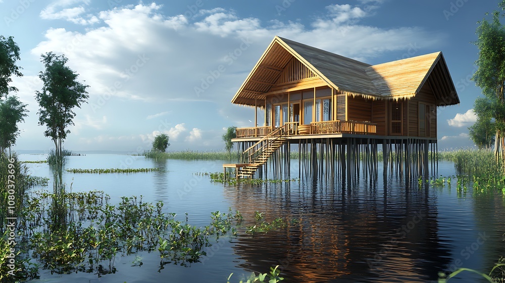 A serene wooden house on stilts surrounded by water and lush greenery under a bright sky. A serene wooden house on stilts surrounded by water and lush greenery under a bright sky.