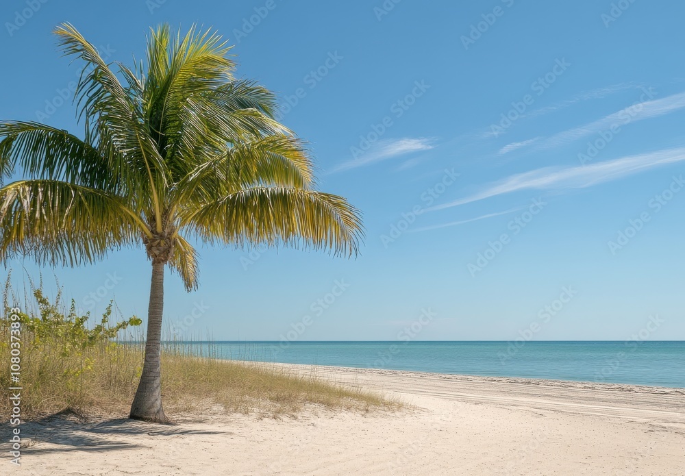 Fototapeta premium Tropical Beach with Palm Trees and Blue Sky