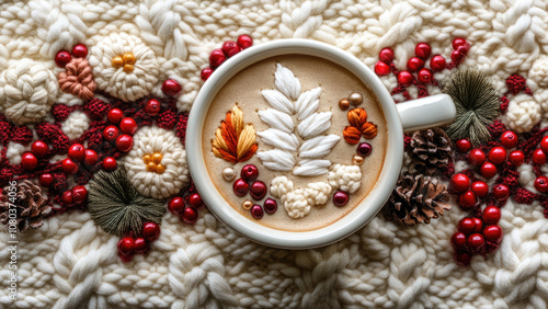 Embroidered Tea Cup with Floral and Berry Accents