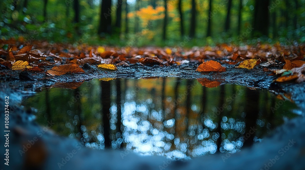 A serene forest scene with autumn leaves reflected in water. A serene forest scene with autumn leaves reflected in water.