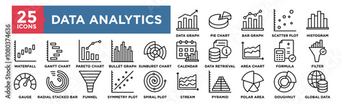 Data Analytics icon collection set. Containing design Data Graph, Pie Chart, Bar Graph , Scatter Plot, Histogram