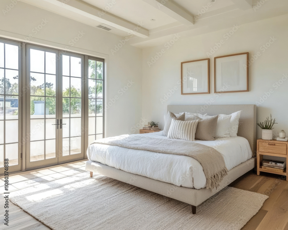 Fototapeta premium Bedroom with White Wall, Soft Gray Bedding, and Neutral Accents for a Calm Space