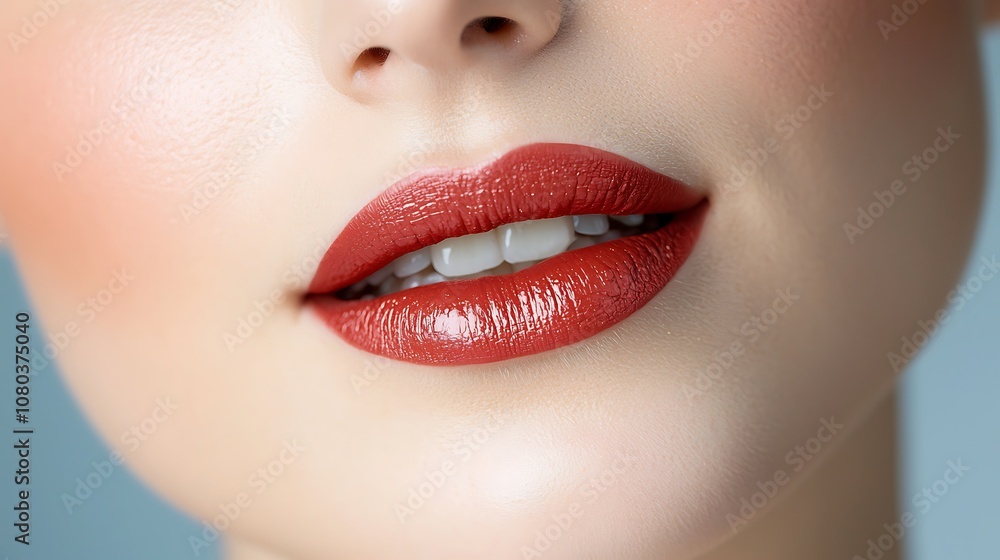 The close up image showcases a pair of lush, red lips adorned with vibrant red lipstick, exuding confidence and glamour. The close up image showcases a pair of lush, red lips adorned with vibrant red lipstick, exuding confidence and glamour.