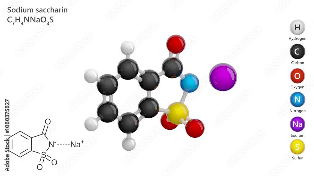 Sodium Saccharin. E954 food additive. Animated 3D model of a molecule. Molecular formula: C7H4NNaO3S. Chemical model: Ball and sticks. White background. 3D rendering. Seamless loop. Sodium Saccharin. E954 food additive. Animated 3D model of a molecule. Molecular formula: C7H4NNaO3S. Chemical model: Ball and sticks. White background. 3D rendering. Seamless loop.
