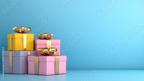 Colorful Wrapped Gifts with Bows on a Blue Background, Perfect for Celebrations, Birthdays, and Special Occasions, Creating a Festive Atmosphere and Joyful Vibe