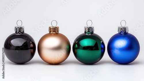 Elegant Collection of Christmas Ornaments in Black, Bronze, Green, and Blue with Smooth Finishes, Perfect for Holiday Decor, Seasonal Celebrations, and Festive Atmosphere